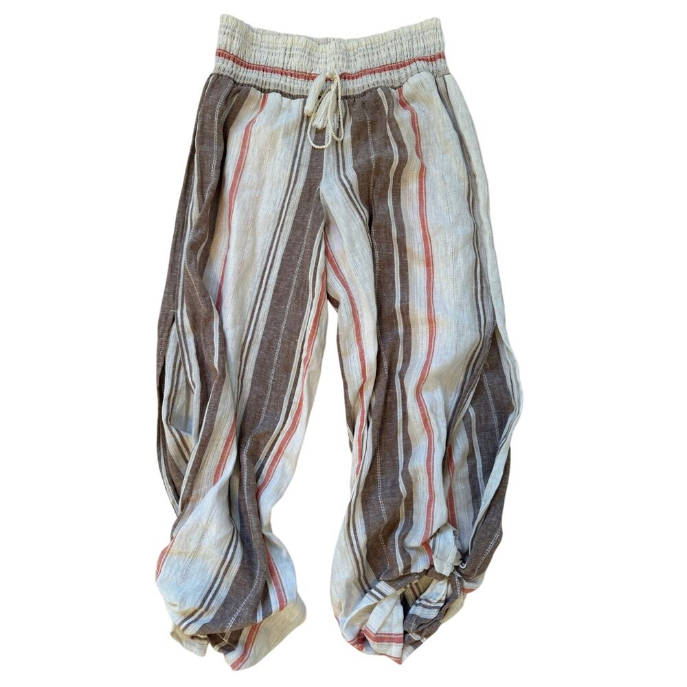 Vanilla Star Women Linen Blend Tan Stripe Smocked Beach Pants Boho M